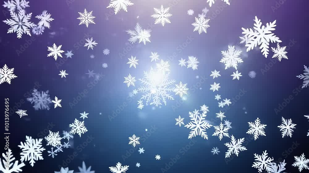 Falling snowflakes on a purple-blue gradient background with a soft glow effect. video Falling snowflakes on a purple-blue gradient background with a soft glow effect. video