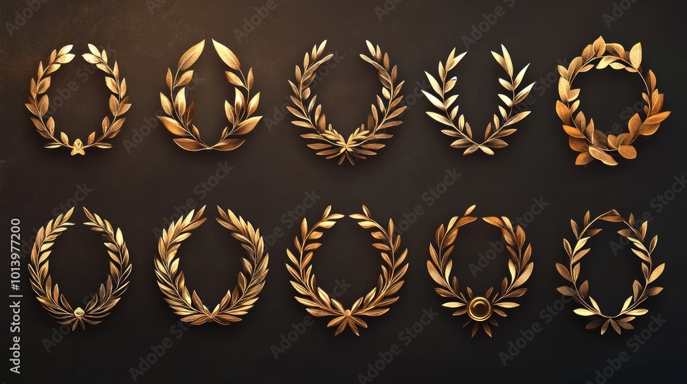 A set of 10 golden laurel wreaths isolated on a dark brown background. A set of 10 golden laurel wreaths isolated on a dark brown background.
