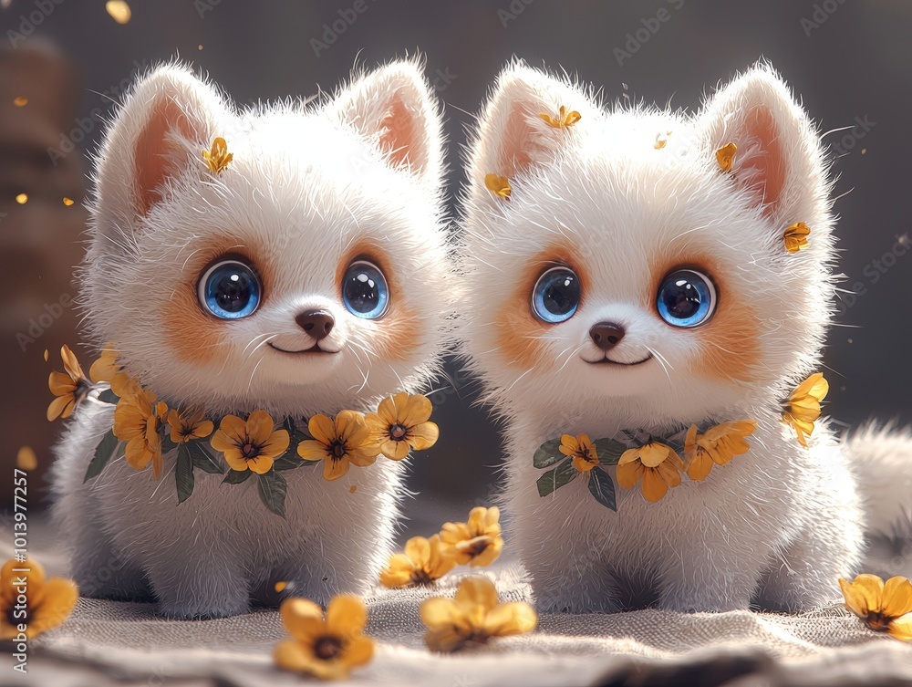 Obraz premium Adorable Pomeranian Puppies Playing Together in a Sunny Room