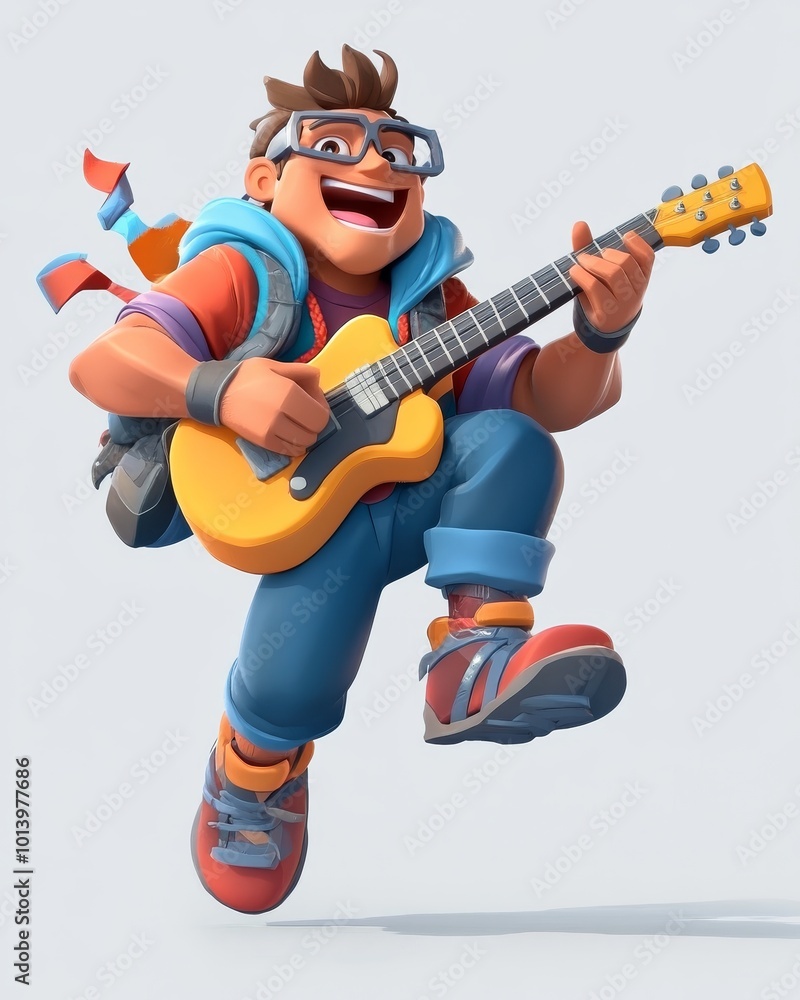 A cheerful youth strums a yellow guitar expressing joy and creativity in a lively atmosphere A cheerful youth strums a yellow guitar expressing joy and creativity in a lively atmosphere