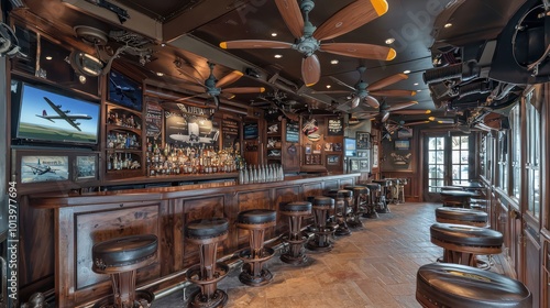 A vintage aviation-themed bar with propeller ceiling fans, airplane seat stools, and walls adorned with aviation memorabilia