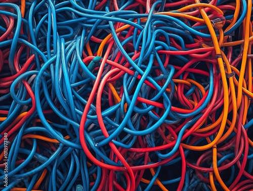 Wallpaper Mural Vibrant Chaos: A Stunning Close-Up of Intertwined Red, Blue, and Orange Cables - Perfect for a Tech-Inspired Sports Interior Poster Torontodigital.ca