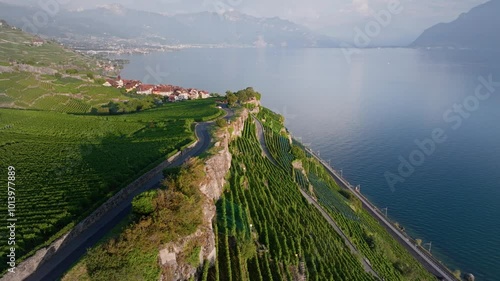 Aerial View of a Mountain Village in the Swiss Valley Overlooking Lake Geneva