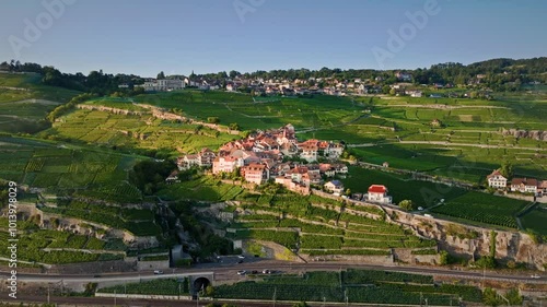 Aerial View of a Mountain Village in the Swiss Valley Overlooking Lake Geneva