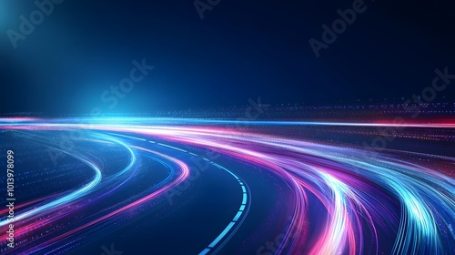 Modern abstract high-speed movement with dynamic motion light trails on a dark blue background