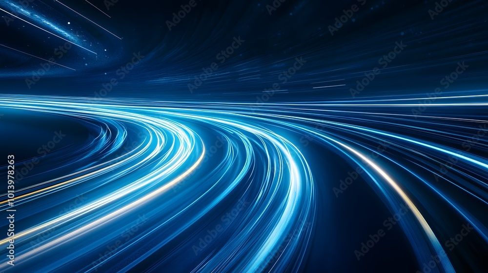 Modern abstract high-speed movement with dynamic motion light trails on a dark blue background Modern abstract high-speed movement with dynamic motion light trails on a dark blue background
