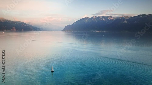 Aerial View of a Mountain Village in the Swiss Valley Overlooking Lake Geneva