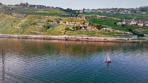 Aerial View of a Mountain Village in the Swiss Valley Overlooking Lake Geneva