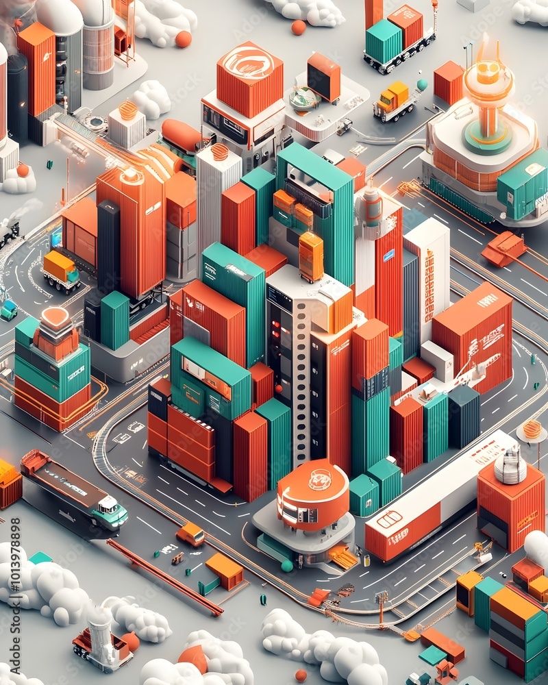 Towering cargo container stacks intermodal freight transport network ...