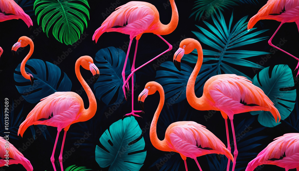 Obraz premium neon flamingos glowing against a tropical backdrop