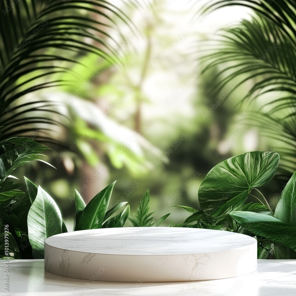 White podium on the background of tropical plants. 3d render. White podium on the background of tropical plants. 3d render.