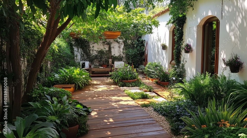 A small, lush courtyard with a wooden walkway leading to a white building with an arched doorway. A small, lush courtyard with a wooden walkway leading to a white building with an arched doorway.