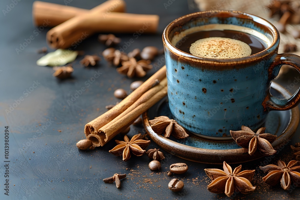 Cozy Autumn Coffee Scene with Cinnamon, Star Anise, and Rustic Mug for Seasonal Inspiration Cozy Autumn Coffee Scene with Cinnamon, Star Anise, and Rustic Mug for Seasonal Inspiration