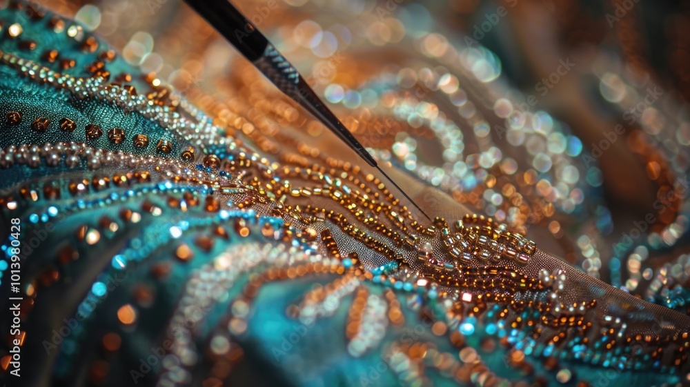 Obraz premium defocused of delicate hand beading work, showcasing tiny beads and shimmering threads