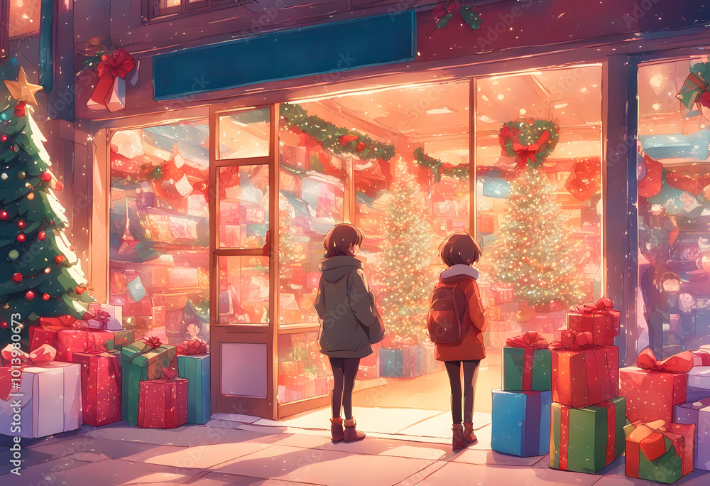 Obraz premium Blurred background of christmas street lights with people strolling with shopping bags