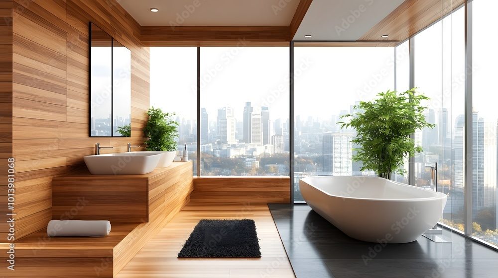 Fototapeta premium Modern bathroom with wooden cabinets, dual sinks, and arched mirrors on a light background