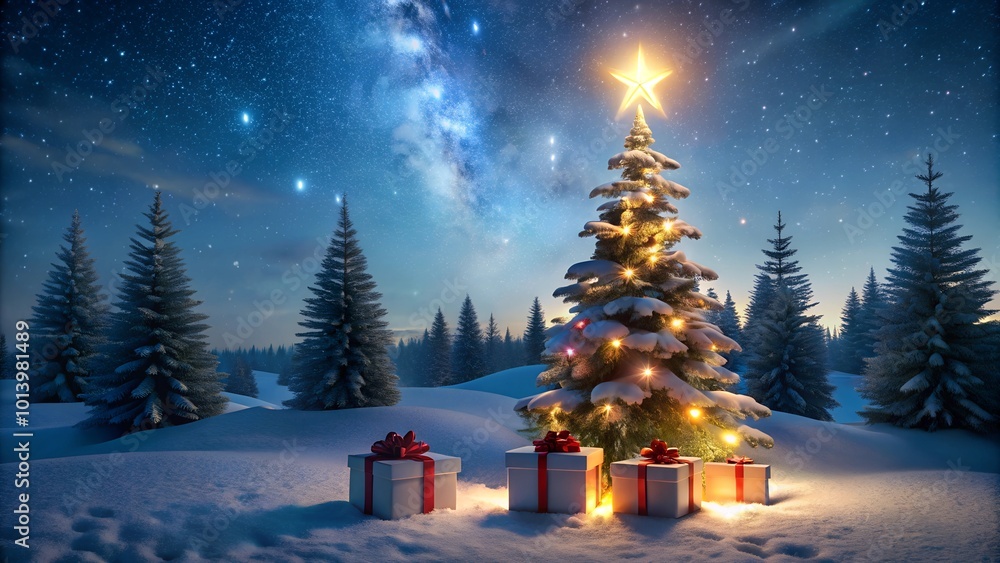 Obraz premium christmas tree and gift boxes on snow in night