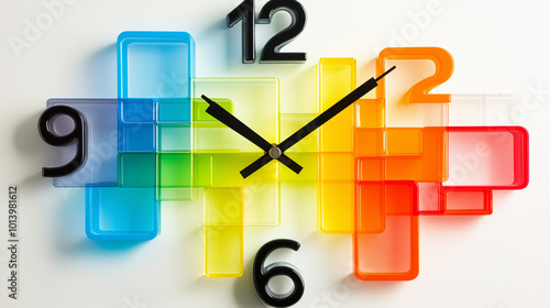 Colorful abstract clock design with open mechanism on white background.