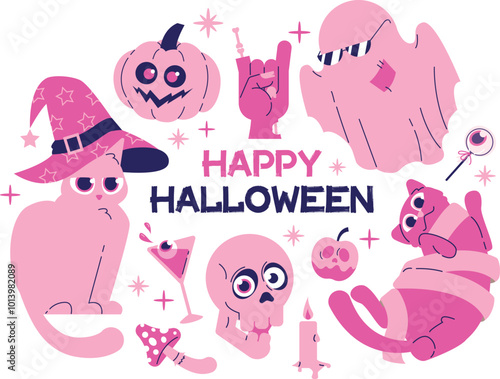 Pink Happy Halloween phrase with cute design elements