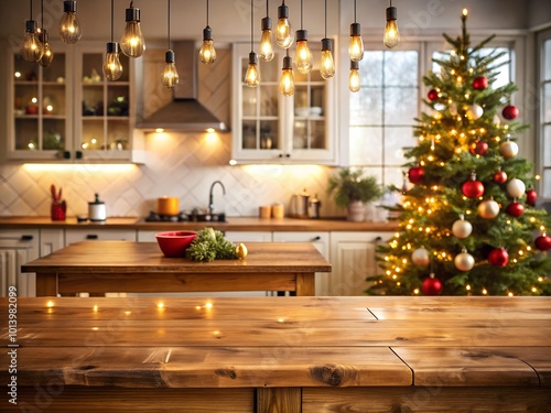 Festive kitchen backdrop with empty wooden table in foreground, Christmas tree and twinkling lights creating a warm, cozy atmosphere for holiday cooking and gatherings
