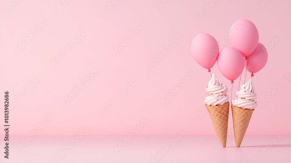 ice cream cones with pink balloons