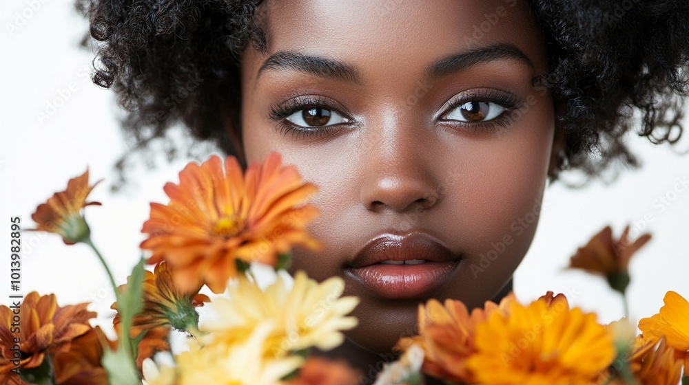 Beautiful young African American woman model surrounded by orange chrysanthemums – ideal for beauty, nature, or floral-themed content Beautiful young African American woman model surrounded by orange chrysanthemums – ideal for beauty, nature, or floral-themed content