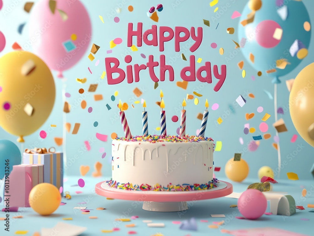 Fun Party 3D Happy Birthday with a lively cake, festive balloons, and playful confetti Fun Party 3D Happy Birthday with a lively cake, festive balloons, and playful confetti
