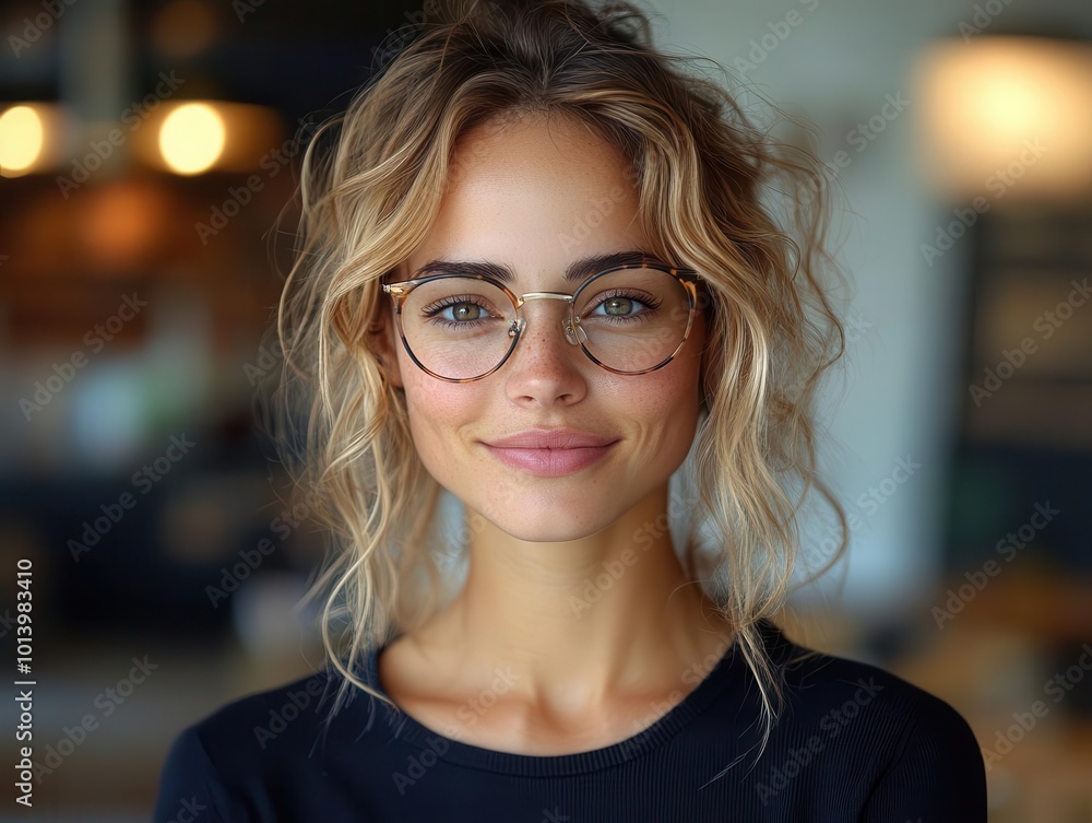 confident young businesswoman with curly blonde hair wearing stylish glasses smiling warmly at the camera against a softly lit indoor backdrop exuding professionalism and charm confident young businesswoman with curly blonde hair wearing stylish glasses smiling warmly at the camera against a softly lit indoor backdrop exuding professionalism and charm