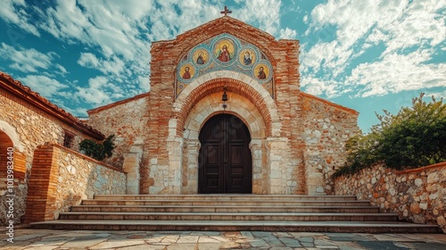A stone church with a wooden door and a mosaic above the entrance, under a blue sky with clouds.