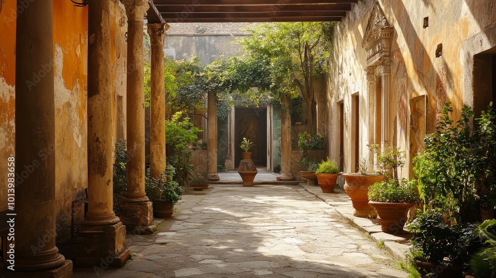A stone courtyard with columns, potted plants, and sunlight streaming through the archway. A stone courtyard with columns, potted plants, and sunlight streaming through the archway.