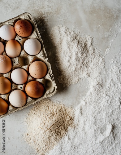 Artistic shot of assorted eggs on marble with flour, farmhouse aesthetic and culinary inspiration photo