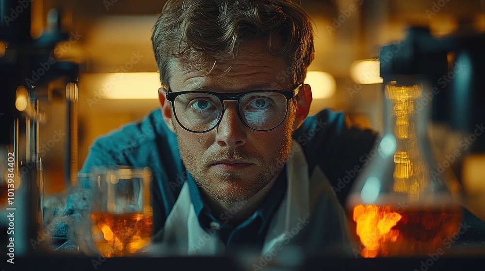Scientist Looking at a Flask in a Lab Scientist Looking at a Flask in a Lab