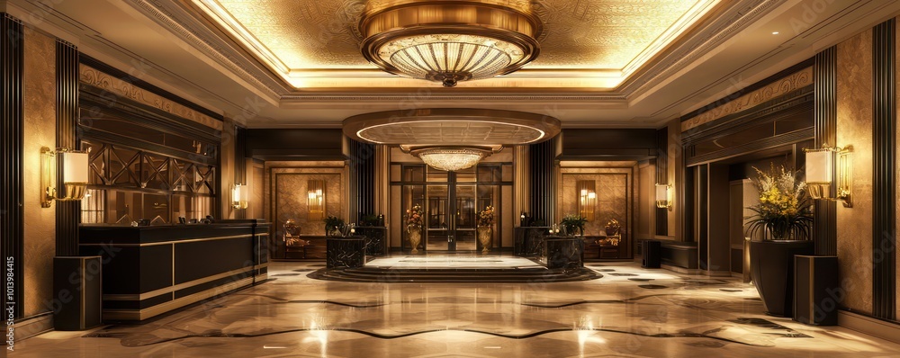 An art deco style hotel lobby with ornate ceiling fixtures that provide a soft, diffused light, complementing the luxurious d?(C)cor An art deco style hotel lobby with ornate ceiling fixtures that provide a soft, diffused light, complementing the luxurious d?(C)cor