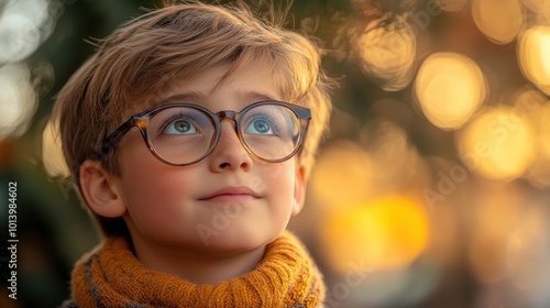 Curious Young Boy with Glasses Looking Up at the Sky