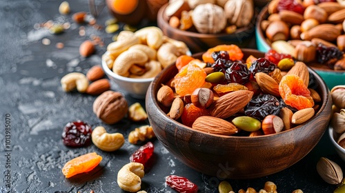 Delicious dried fruits and mixed nuts are beautifully arranged in wooden bowls, perfect for a healthy energy snack anytime. Generative AI