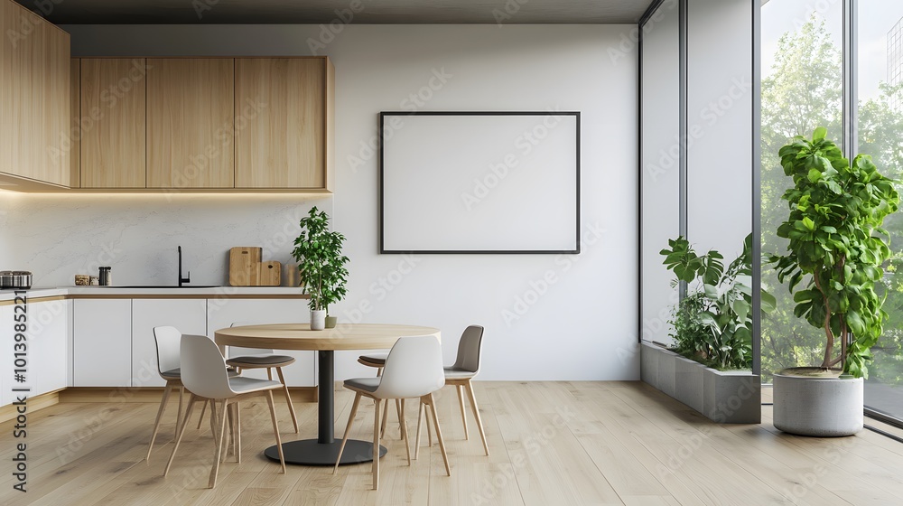 Modern dining room with a round table and chairs, large windows, and a minimalistic kitchen, featuring an empty frame on the wall, perfect for adding posters