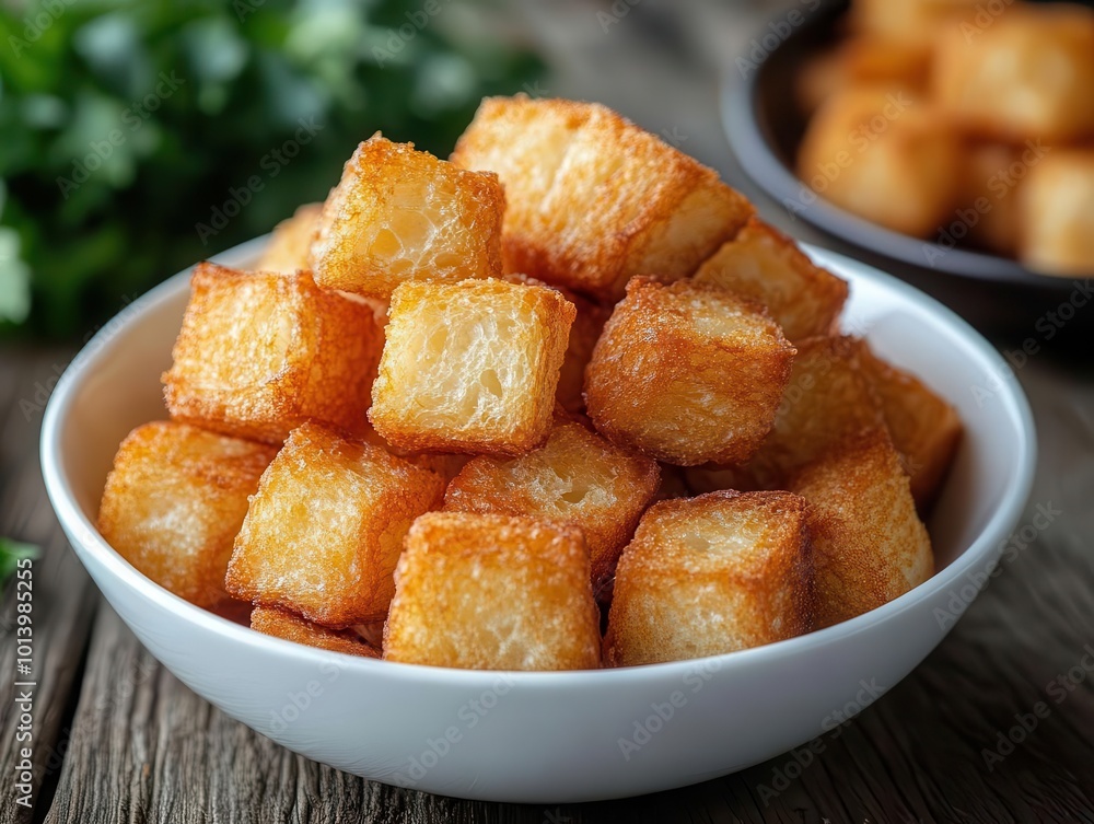 crispy golden cubes of bread artfully arranged in a pristine white bowl set against a rustic wooden table for a warm and inviting culinary presentation crispy golden cubes of bread artfully arranged in a pristine white bowl set against a rustic wooden table for a warm and inviting culinary presentation