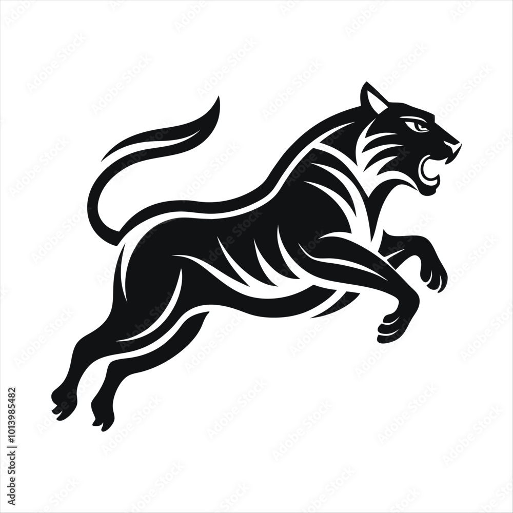 Obraz premium Fierce Tiger Vector Illustration - Black and White Roaring Tiger Design for Logos, Tattoos, and Art