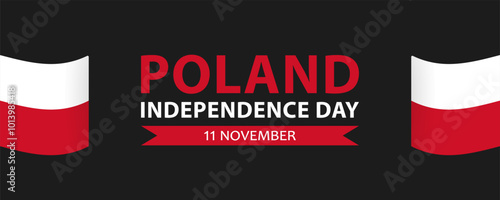 Text Poland Independence Day, 11 november and Polish flags on black background, simple minimalist banner design.