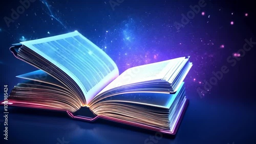 Magical open book with glowing neon lights and digital particles