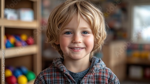 Happy Little Boy with Blonde Hair Smiling at the Camera