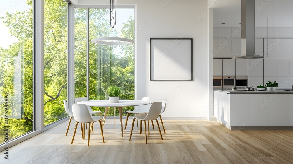 Modern dining room with a round table and chairs, large windows, and a minimalistic kitchen, featuring an empty frame on the wall, perfect for adding posters Modern dining room with a round table and chairs, large windows, and a minimalistic kitchen, featuring an empty frame on the wall, perfect for adding posters