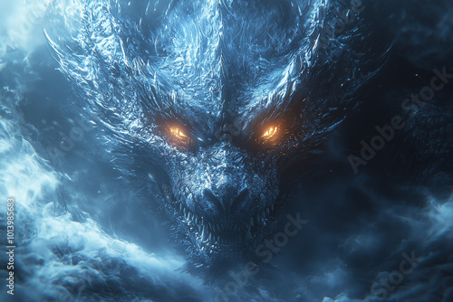 blue dragon with fiery orange glowing eyes emerging from a clouded sky, exuding an icy and fierce demeanor with visible sharp teeth and icy scales