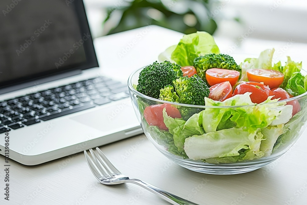 During lunch break, a glass bowl of healthy green salad is on the desk, suggesting a refreshing break from work During lunch break, a glass bowl of healthy green salad is on the desk, suggesting a refreshing break from work