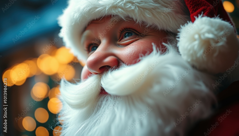 Joyful Santa Claus Portrait with Blurred Christmas Lights in Background. Cinematic Close-Up of Santa Claus with Twinkling Eyes and Rosy Cheeks in Bokeh. Joyful Santa Claus Portrait with Blurred Christmas Lights in Background. Cinematic Close-Up of Santa Claus with Twinkling Eyes and Rosy Cheeks in Bokeh.