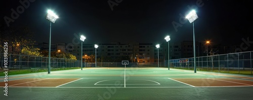 An outdoor sports court with high-intensity, energy-efficient floodlights providing clear illumination for nighttime games photo