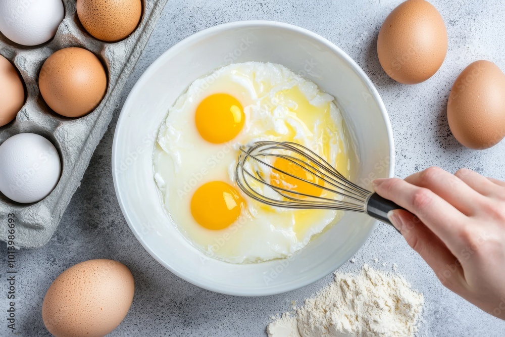 'Cooking omlette'. Women's hands break a fresh egg while preparing the dish. Dark background. Food flat lay. 'Cooking omlette'. Women's hands break a fresh egg while preparing the dish. Dark background. Food flat lay.