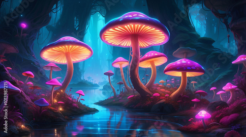 Fantasy Landscape with Glowing Mushrooms and Surreal Sun