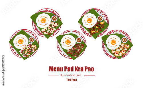 Set of flat banner vector illustrations, delicious food. Thai food, a la carte food, stir-fried basil with fried egg "pad kra pao". Cooking from top view, recipe, menu, restaurant for food design.