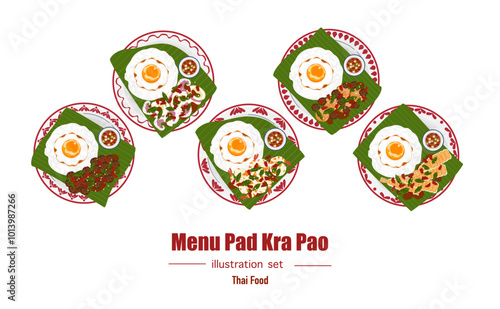 Set of flat banner vector illustrations, delicious food. Thai food, a la carte food, stir-fried basil with fried egg "pad kra pao". Cooking from top view, recipe, menu, restaurant for food design.
